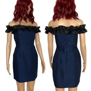 Lulus Lovely Night Jacquard Dress Womens XS Blue Polka Dot Off the Shoulder NWT